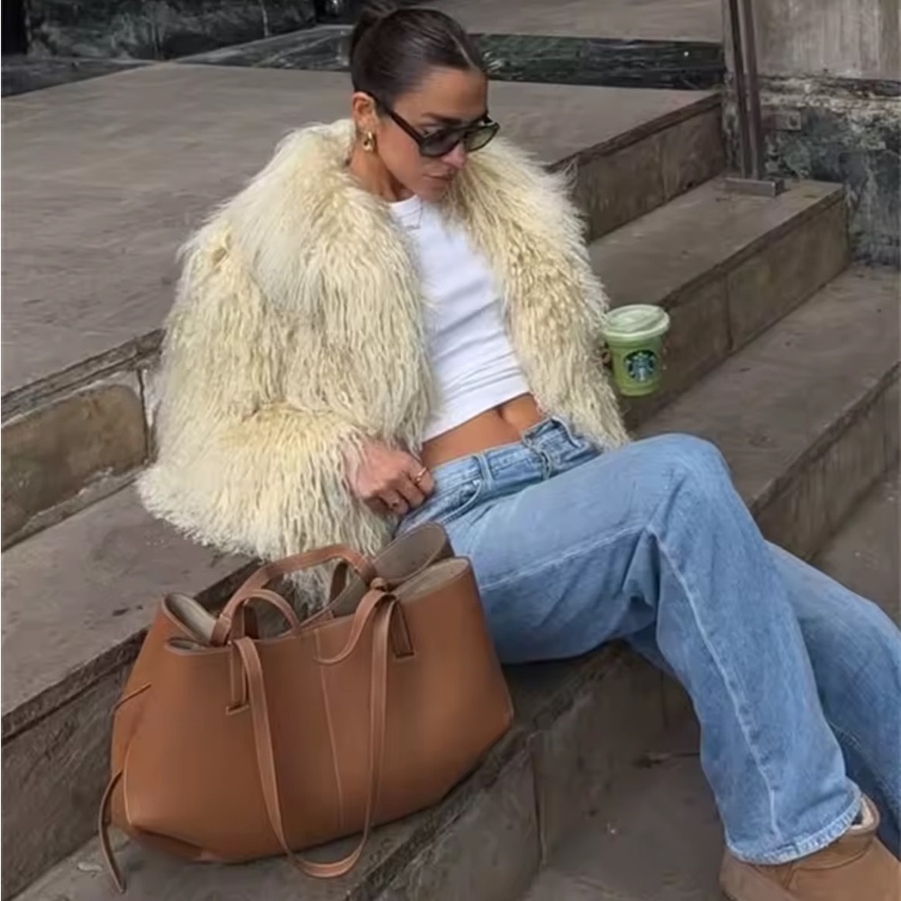 Women Cream Shaggy Faux Fur Jacket warm fluffy jacket coat